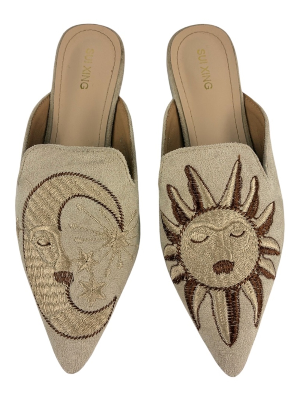 Sun Moon Embroidered Mules Suede Pointed Toe Slip On Flat Shoes Loafers Beige